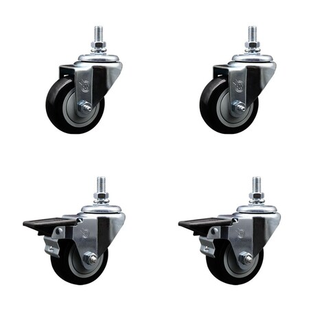 Service Caster 3 Inch Black Polyurethane 12 Inch Threaded Stem Caster Set 2 Brakes SCC SCC-TS20S314-PPUB-BLK-121315-2-PLB-2